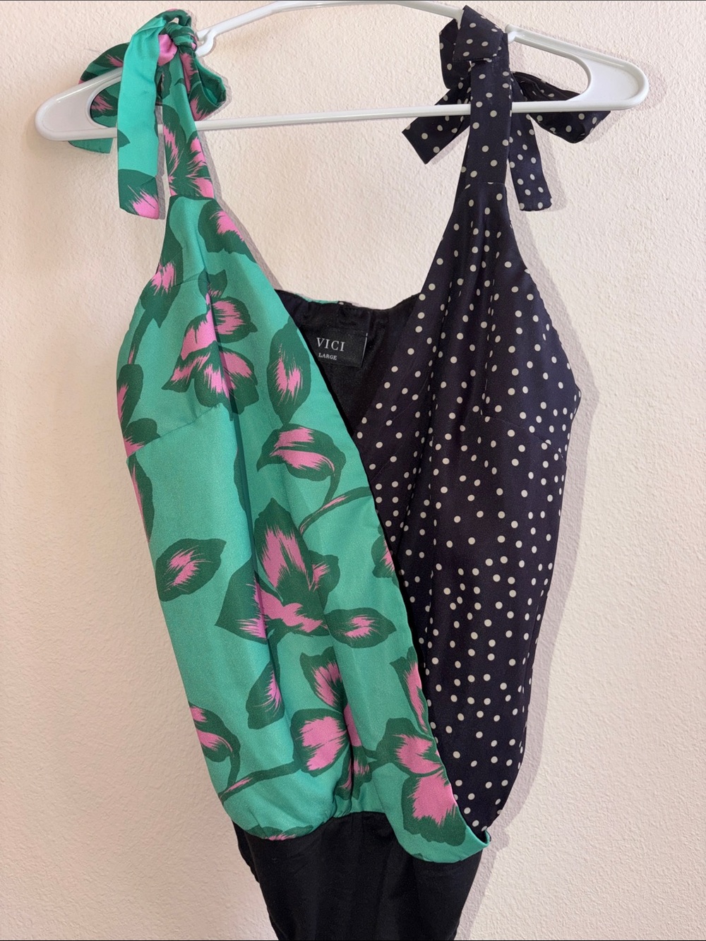 NWOT Vici Green & Pink Floral with Black Polka Dot Tie-Shoulder Bodysuit